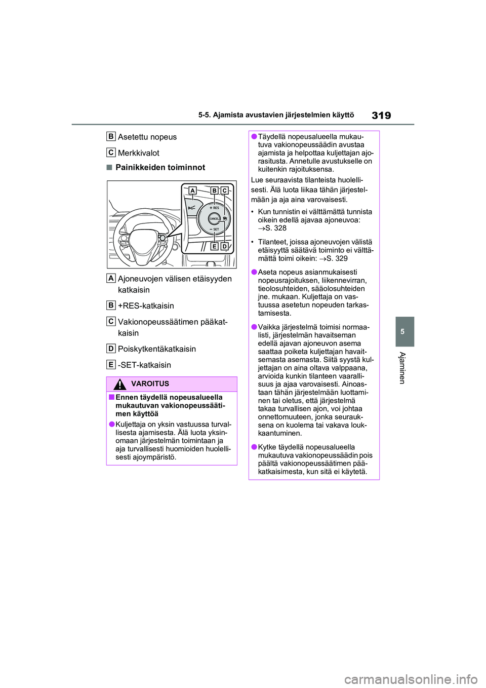 TOYOTA RAV4 PHEV 2021  Omistajan Käsikirja (in Finnish) 319
5
5-5. Ajamista avustavien järjestelmien käyttö
Ajaminen
Asetettu nopeus
Merkkivalot
nPainikkeiden toiminnot
Ajoneuvojen välisen etäisyyden 
katkaisin
+RES-katkaisin
Vakionopeussäätimen pä