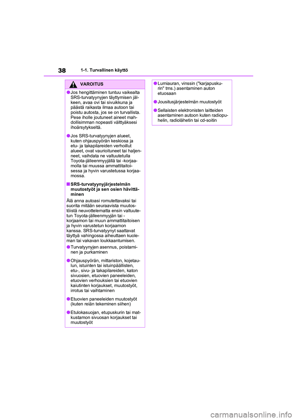 TOYOTA RAV4 PHEV 2021  Omistajan Käsikirja (in Finnish) 381-1. Turvallinen käyttö
VAROITUS
lJos hengittäminen tuntuu vaikealta 
SRS-turvatyynyjen täyttymisen jäl-
keen, avaa ovi tai sivuikkuna ja 
päästä raikasta ilmaa autoon tai 
poistu autosta, j