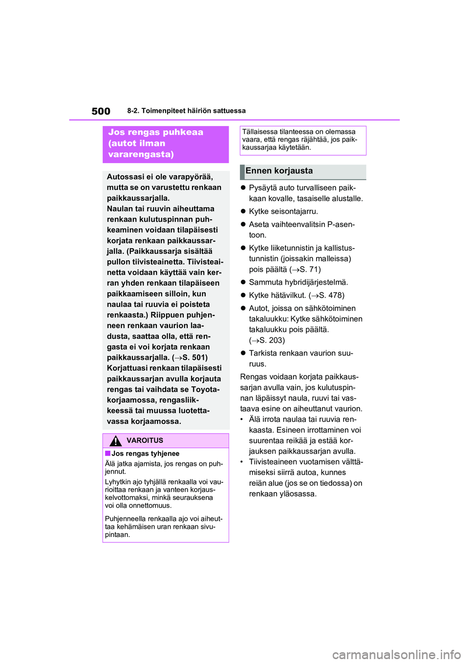 TOYOTA RAV4 PHEV 2021  Omistajan Käsikirja (in Finnish) 5008-2. Toimenpiteet häiriön sattuessa
Pysäytä auto turvalliseen paik-
kaan kovalle, tasaiselle alustalle.
 Kytke seisontajarru.
 Aseta vaihteenvalitsin P-asen-
toon.
 Kytke liiketunni