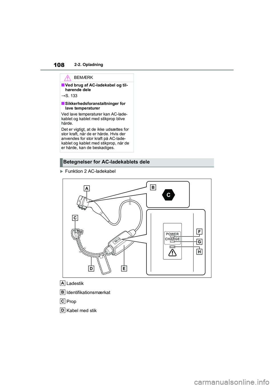 TOYOTA RAV4 PHEV 2021  Brugsanvisning (in Danish) 1082-2. Opladning
Funktion 2 AC-ladekabelLadestik
Identifikationsmærkat
Prop
Kabel med stik
BEMÆRK
nVed brug af AC-ladekabel og til-
hørende dele
S. 133
nSikkerhedsforanstaltninger for 
lave 