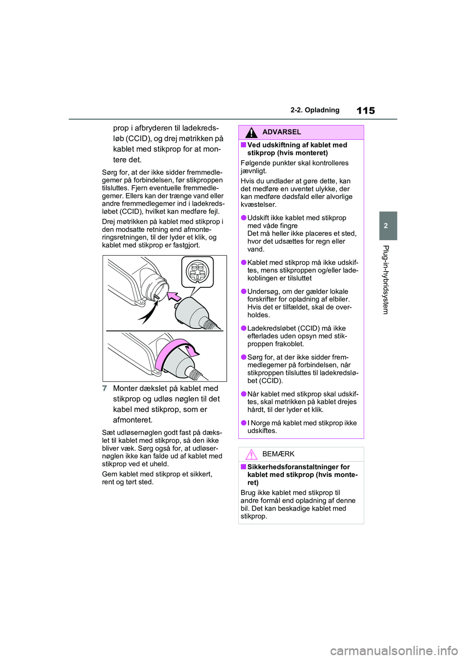 TOYOTA RAV4 PHEV 2021  Brugsanvisning (in Danish) 115
2
2-2. Opladning
Plug-in-hybridsystem
prop i afbryderen til ladekreds-
løb (CCID), og drej møtrikken på 
kablet med stikprop for at mon-
tere det.
Sørg for, at der ikke sidder fremmedle-
gemer