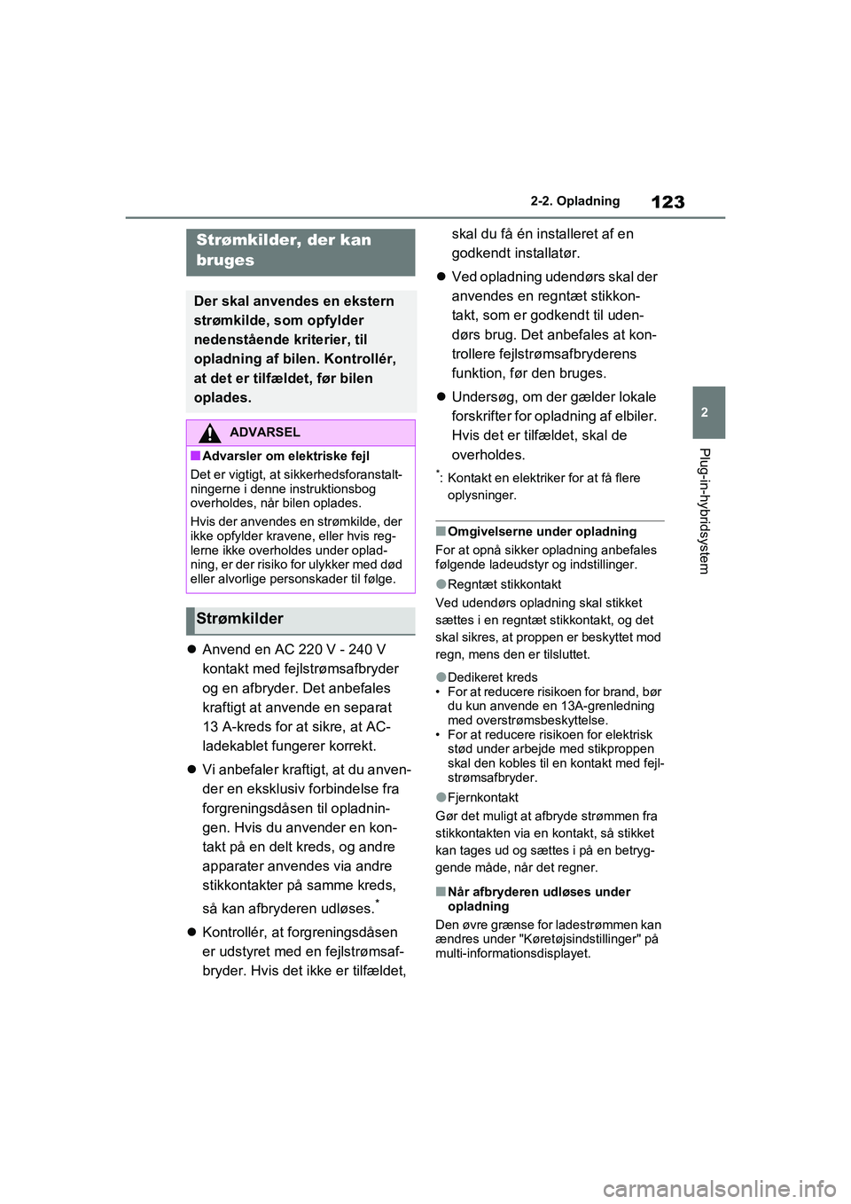 TOYOTA RAV4 PHEV 2021  Brugsanvisning (in Danish) 123
2
2-2. Opladning
Plug-in-hybridsystem

Anvend en AC 220 V - 240 V 
kontakt med fejlstrømsafbryder 
og en afbryder. Det anbefales 
kraftigt at anvende en separat 
13 A-kreds for at sikre, at AC