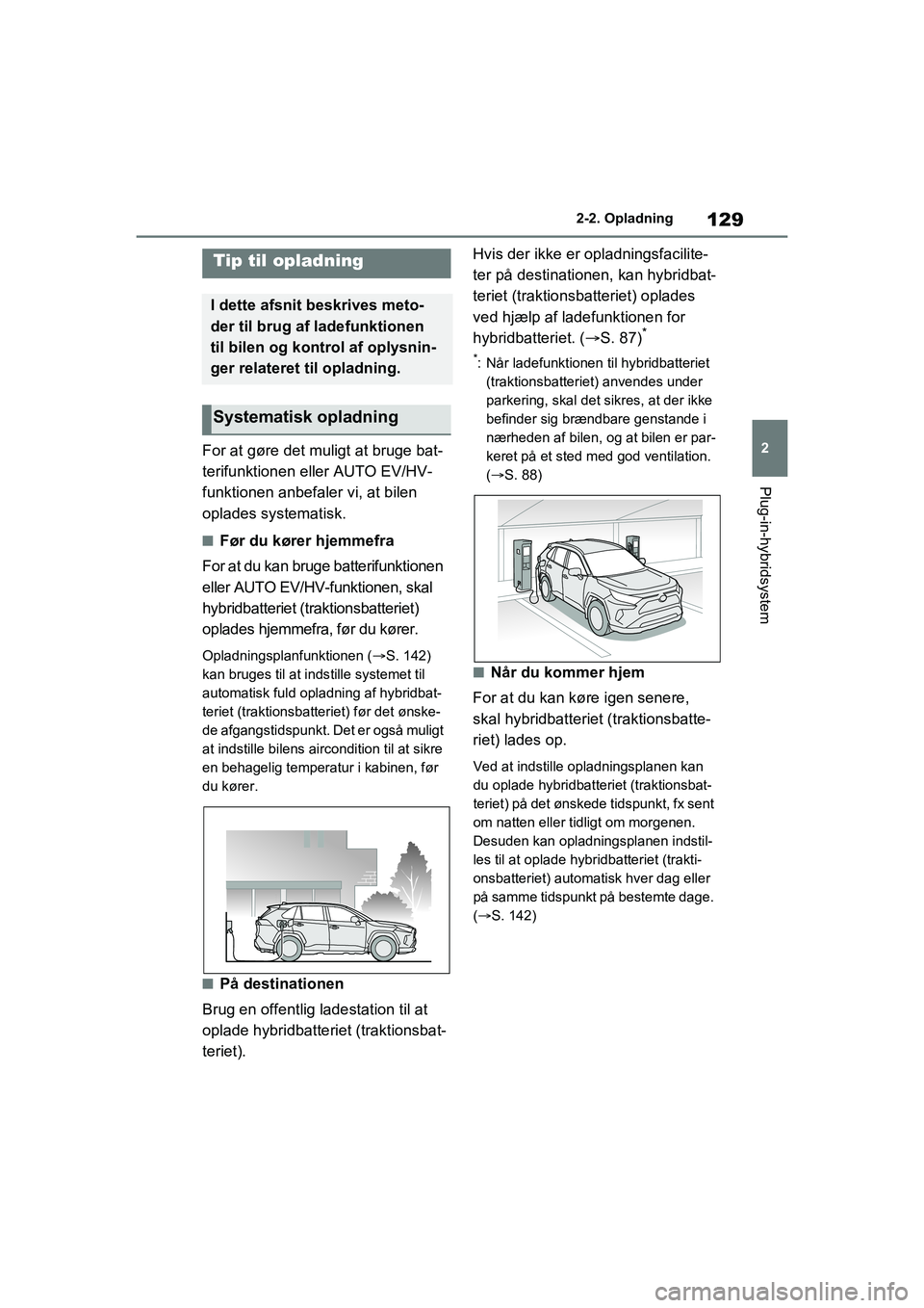 TOYOTA RAV4 PHEV 2021  Brugsanvisning (in Danish) 129
2
2-2. Opladning
Plug-in-hybridsystem
For at gøre det muligt at bruge bat-
terifunktionen eller AUTO EV/HV-
funktionen anbefaler vi, at bilen 
oplades systematisk.
nFør du kører hjemmefra
For a