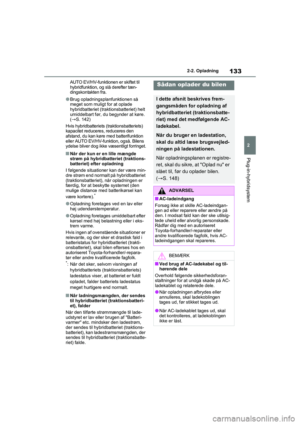 TOYOTA RAV4 PHEV 2021  Brugsanvisning (in Danish) 133
2
2-2. Opladning
Plug-in-hybridsystem
AUTO EV/HV-funktionen er skiftet til 
hybridfunktion, og slå derefter tæn-
dingskontakten fra.
lBrug opladningsplanfunktionen så 
meget som muligt for at o