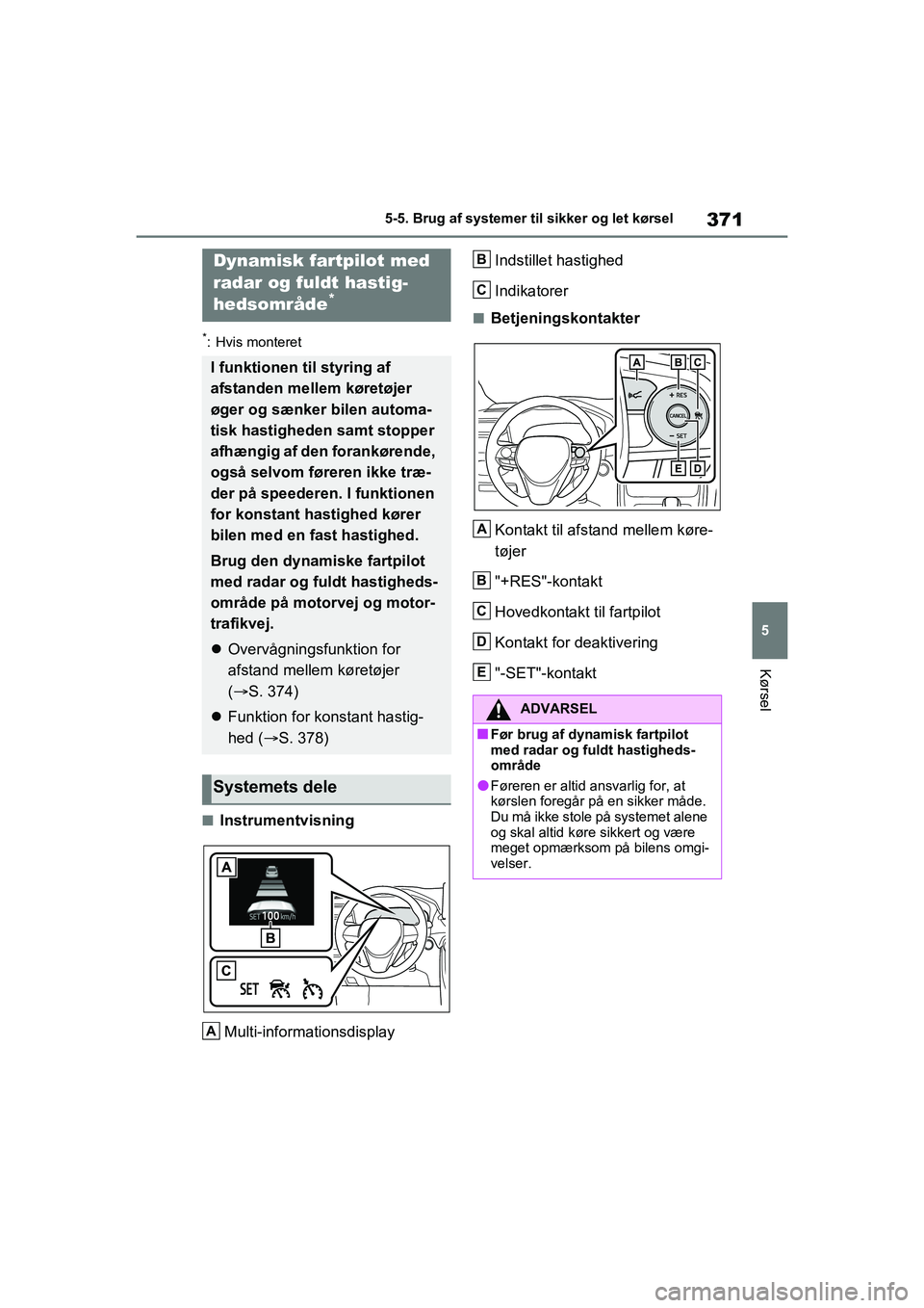 TOYOTA RAV4 PHEV 2021 Brugsanvisning (in Danish) 371
5
5-5. Brug af systemer til sikker og let kørsel
Kørsel
*: Hvis monteret
nInstrumentvisning
Multi-informationsdisplay Indstillet hastighed
Indikatorer
nBetjeningskontakter
Kontakt til afstand me TOYOTA RAV4 PHEV 2021 Brugsanvisning (in Danish) 371
5
5-5. Brug af systemer til sikker og let kørsel
Kørsel
*: Hvis monteret
nInstrumentvisning
Multi-informationsdisplay Indstillet hastighed
Indikatorer
nBetjeningskontakter
Kontakt til afstand me