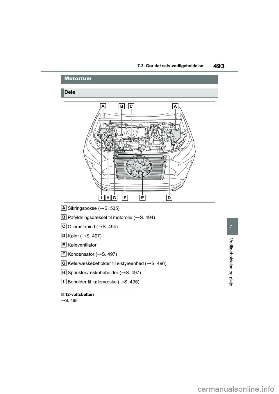 TOYOTA RAV4 PHEV 2021  Brugsanvisning (in Danish) 493
7
7-3. Gør det selv-vedligeholdelse
Vedligeholdelse og pleje
Sikringsbokse (
S. 535)
Påfyldningsdæksel til motorolie ( S. 494)
Oliemålepind ( S. 494)
Køler ( S. 497)
Køleventilat