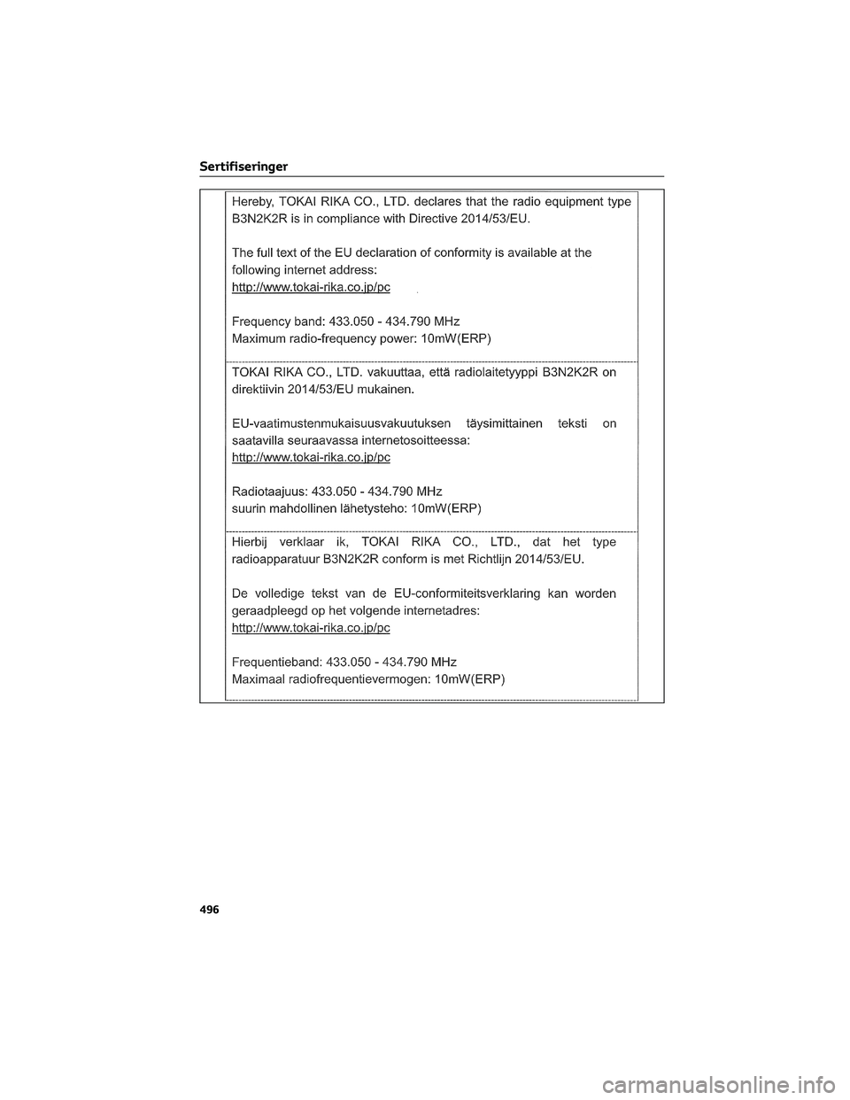 TOYOTA RAV4 PHEV 2021  Instruksjoner for bruk (in Norwegian) Sertifiseringer
496 