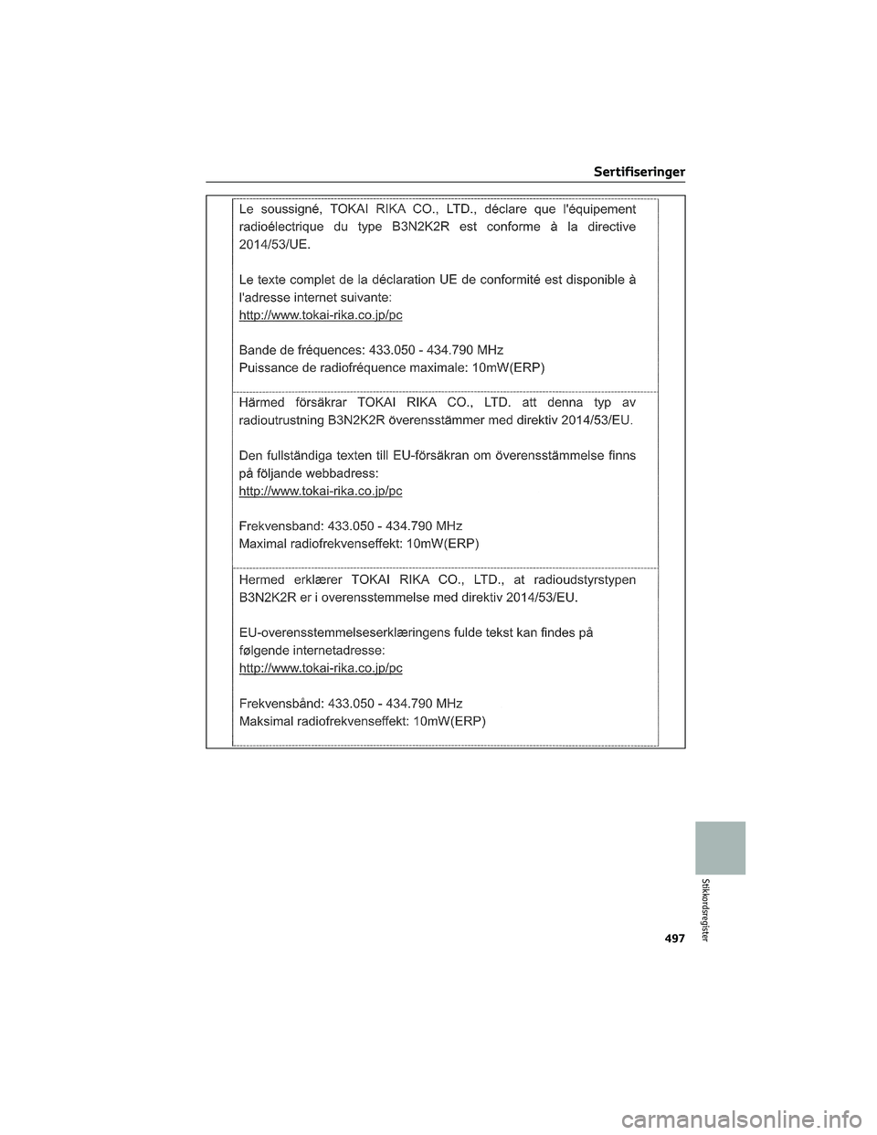 TOYOTA RAV4 PHEV 2021  Instruksjoner for bruk (in Norwegian) Sertifiseringer
497
Stikkordsregister 