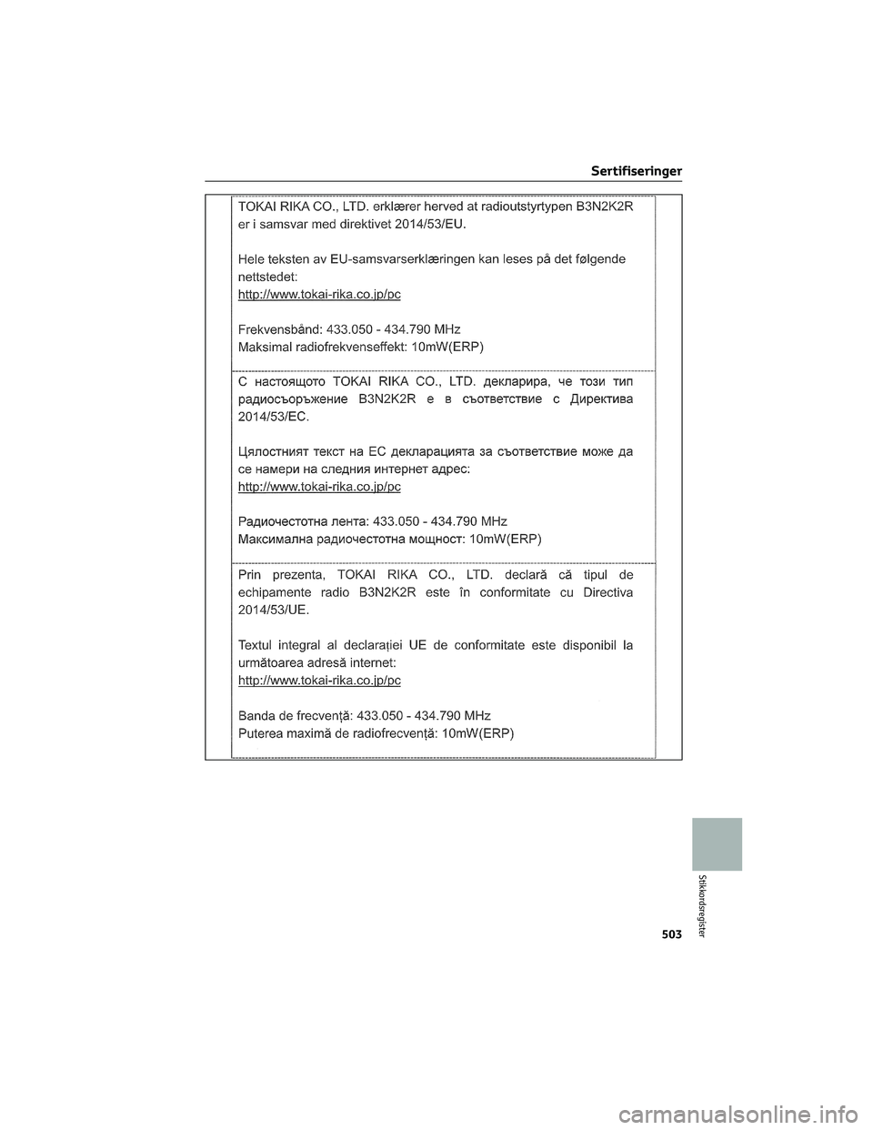 TOYOTA RAV4 PHEV 2021  Instruksjoner for bruk (in Norwegian) Sertifiseringer
503
Stikkordsregister 
