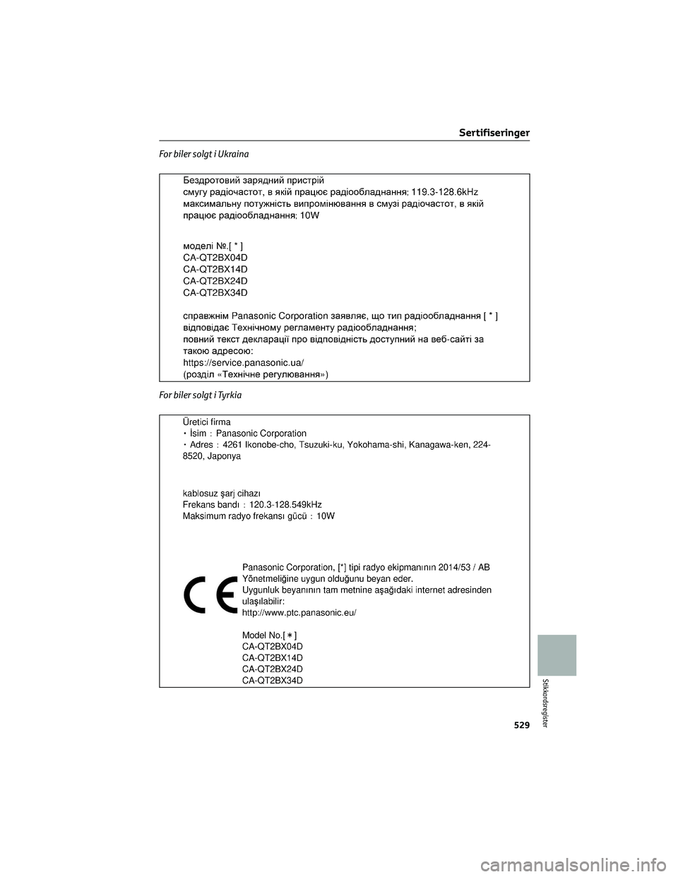 TOYOTA RAV4 PHEV 2021  Instruksjoner for bruk (in Norwegian) For biler solgt i Ukraina
For biler solgt i Tyrkia
Sertifiseringer
529
Stikkordsregister 