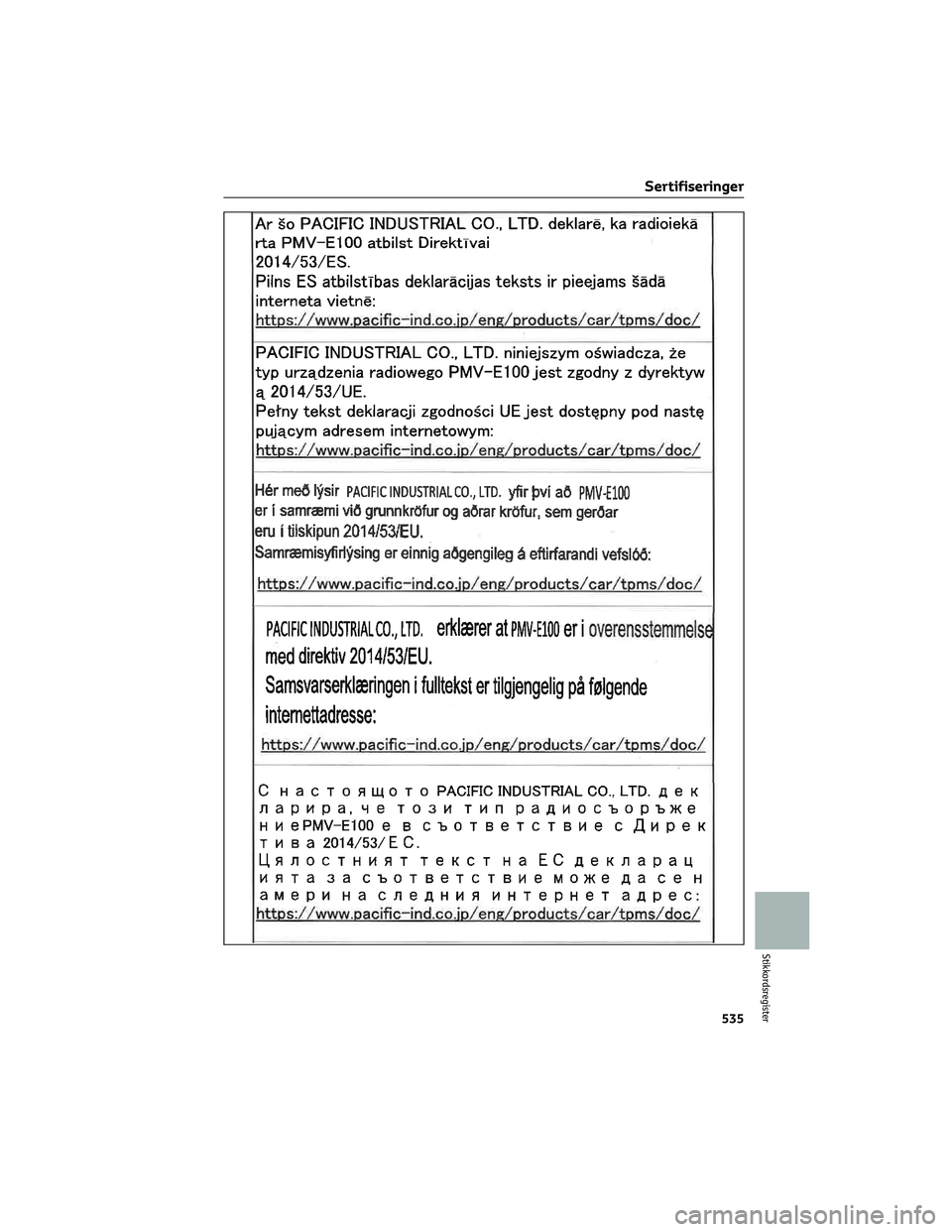 TOYOTA RAV4 PHEV 2021  Instruksjoner for bruk (in Norwegian) Sertifiseringer
535
Stikkordsregister 