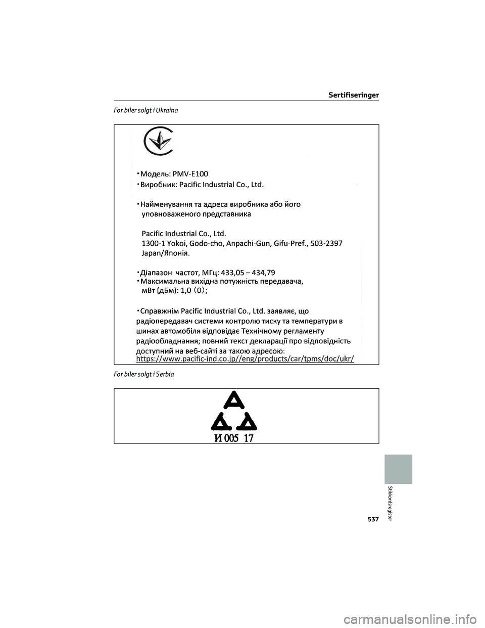 TOYOTA RAV4 PHEV 2021  Instruksjoner for bruk (in Norwegian) For biler solgt i Ukraina
For biler solgt i Serbia
Sertifiseringer
537
Stikkordsregister 
