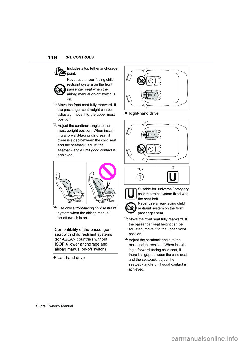 TOYOTA SUPRA 2019 Owners Manual 116
Supra Owners Manual3-1. CONTROLS
*1: Move the front seat fully rearward. If
the passenger seat height can be
adjusted, move it to the upper most
position.
*2: Adjust the seatback angle to the TOYOTA SUPRA 2019 Owners Manual 116
Supra Owners Manual3-1. CONTROLS
*1: Move the front seat fully rearward. If
the passenger seat height can be
adjusted, move it to the upper most
position.
*2: Adjust the seatback angle to the