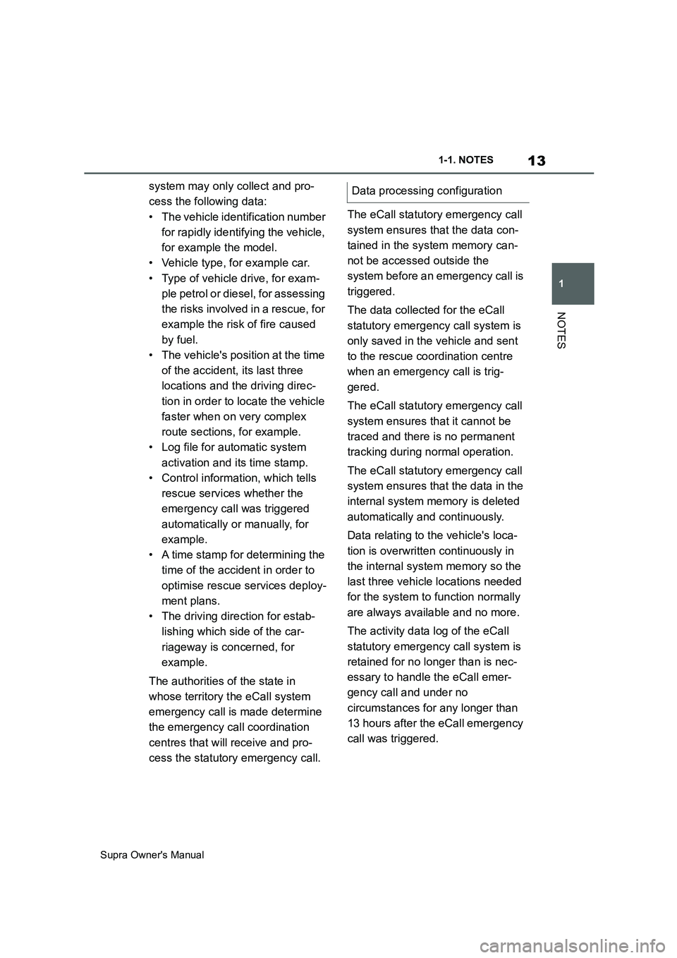 TOYOTA SUPRA 2019 Owners Manual 13
1
Supra Owners Manual1-1. NOTES
NOTES
system may only collect and pro-
cess the following data:
• The vehicle identification number
for rapidly identifying the vehicle,
for example the model.
TOYOTA SUPRA 2019 Owners Manual 13
1
Supra Owners Manual1-1. NOTES
NOTES
system may only collect and pro-
cess the following data:
• The vehicle identification number
for rapidly identifying the vehicle,
for example the model.