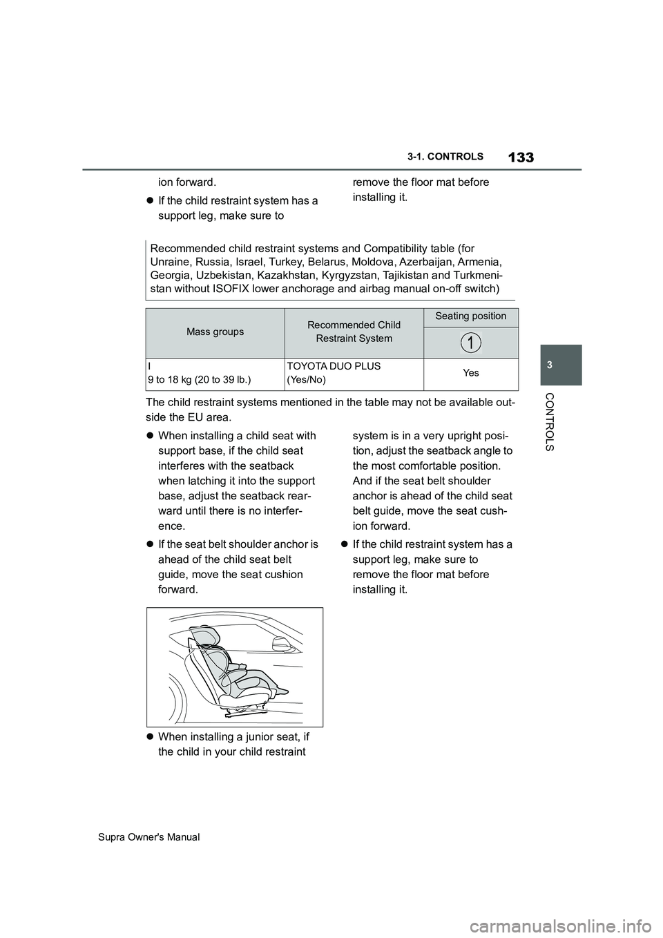 TOYOTA SUPRA 2019 Owners Manual 133
3
Supra Owners Manual3-1. CONTROLS
CONTROLS
ion forward.
If the child restraint system has a
support leg, make sure to remove the floor mat before
installing it.
The child restraint systems TOYOTA SUPRA 2019 Owners Manual 133
3
Supra Owners Manual3-1. CONTROLS
CONTROLS
ion forward.
If the child restraint system has a
support leg, make sure to remove the floor mat before
installing it.
The child restraint systems