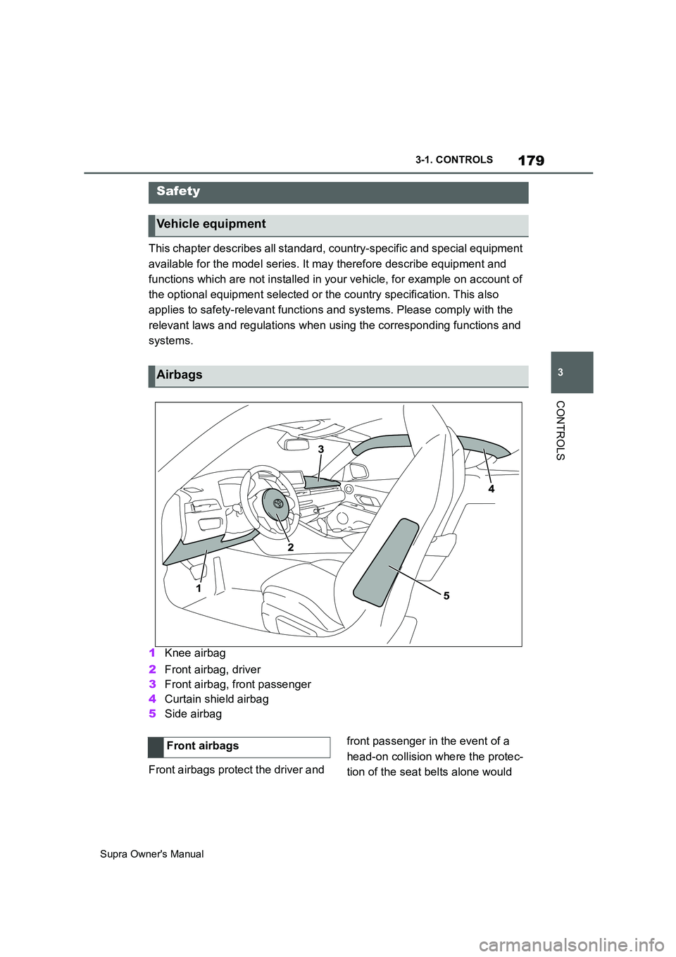 TOYOTA SUPRA 2019  Owners Manual 179
3
Supra Owners Manual3-1. CONTROLS
CONTROLS
This chapter describes all standard, country-specific and special equipment 
available for the model series. It may therefore describe equipment and 
f