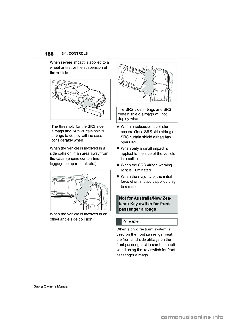 TOYOTA SUPRA 2019  Owners Manual 188
Supra Owners Manual3-1. CONTROLS
When severe impact is applied to a 
wheel or tire, or the suspension of 
the vehicle
When the vehicle is involved in a 
side collision in an area away from 
the c