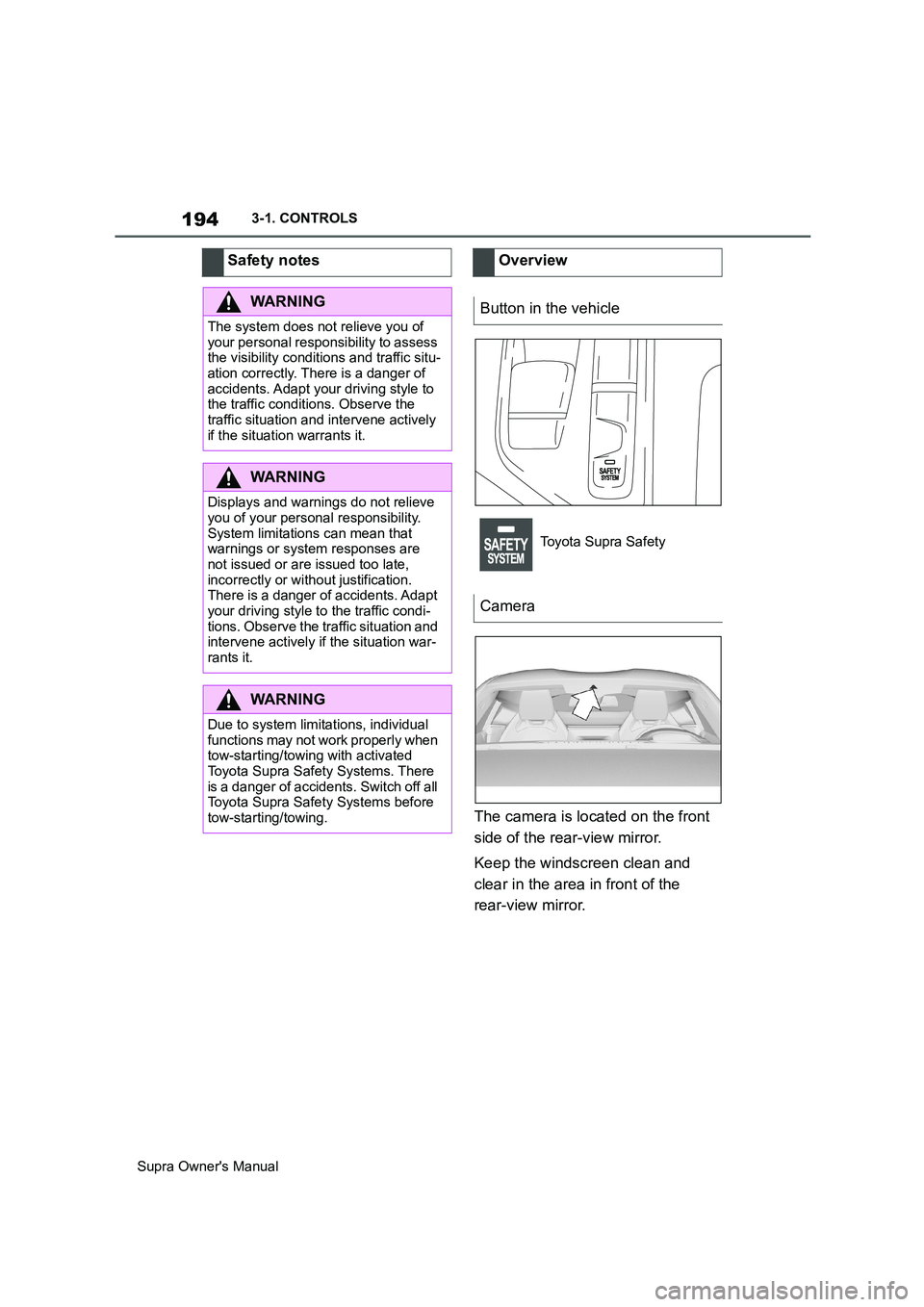 TOYOTA SUPRA 2019  Owners Manual 194
Supra Owners Manual3-1. CONTROLS
The camera is located on the front 
side of the rear-view mirror.
Keep the windscreen clean and 
clear in the area in front of the 
rear-view mirror. Safety notes