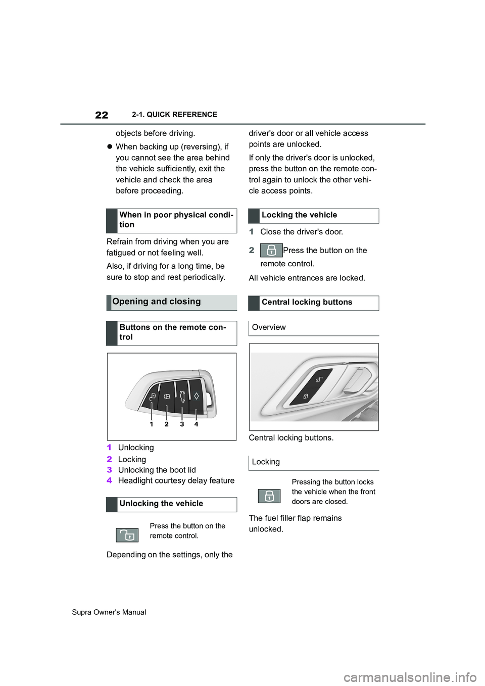 TOYOTA SUPRA 2019  Owners Manual 22
Supra Owners Manual2-1. QUICK REFERENCE
objects before driving.
When backing up (reversing), if 
you cannot see the area behind 
the vehicle sufficiently, exit the 
vehicle and check the area 
