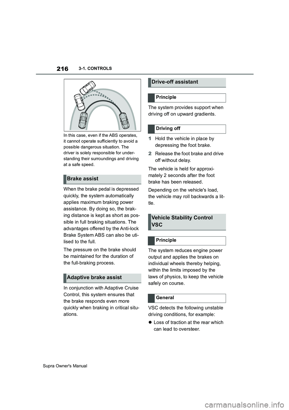 TOYOTA SUPRA 2019  Owners Manual 216
Supra Owners Manual3-1. CONTROLS
In this case, even if the ABS operates, 
it cannot operate sufficiently to avoid a 
possible dangerous situation. The 
driver is solely responsible for under-
sta