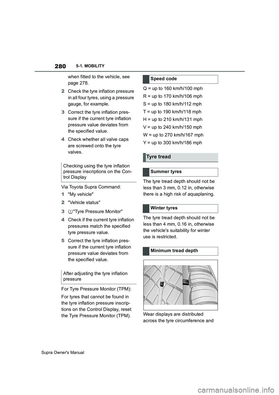 TOYOTA SUPRA 2019  Owners Manual 280
Supra Owners Manual5-1. MOBILITY
when fitted to the vehicle, see 
page 278.
2Check the tyre inflation pressure 
in all four tyres, using a pressure 
gauge, for example.
3Correct the tyre inflatio
