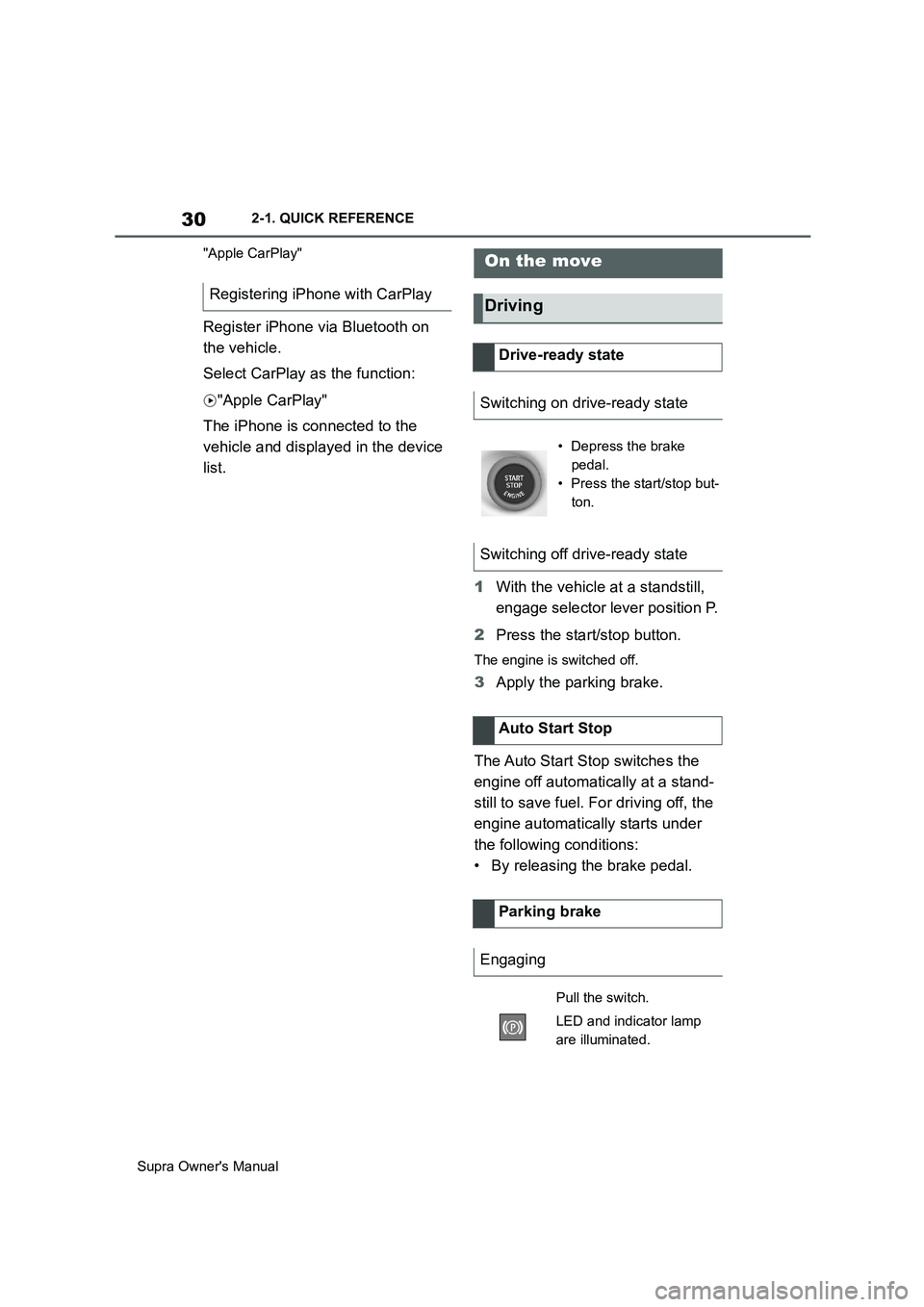 TOYOTA SUPRA 2019  Owners Manual 30
Supra Owners Manual2-1. QUICK REFERENCE
"Apple CarPlay"
Register iPhone via Bluetooth on 
the vehicle.
Select CarPlay as the function:
"Apple CarPlay"
The iPhone is connected to the 
vehicle and d