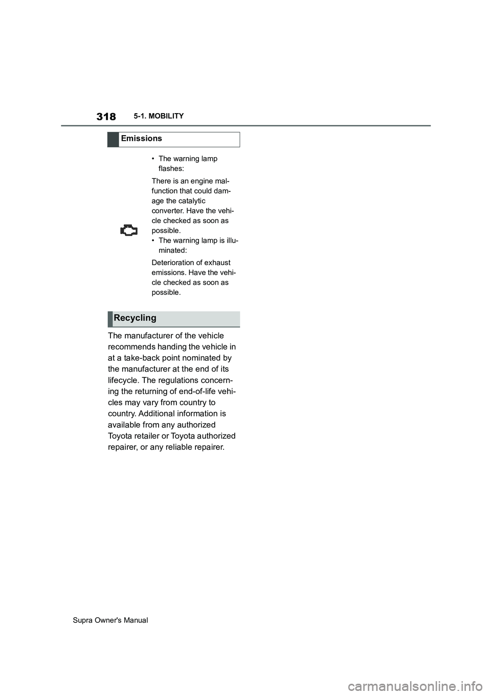 TOYOTA SUPRA 2019  Owners Manual 318
Supra Owners Manual5-1. MOBILITY
The manufacturer of the vehicle 
recommends handing the vehicle in 
at a take-back point nominated by 
the manufacturer at the end of its 
lifecycle. The regulati
