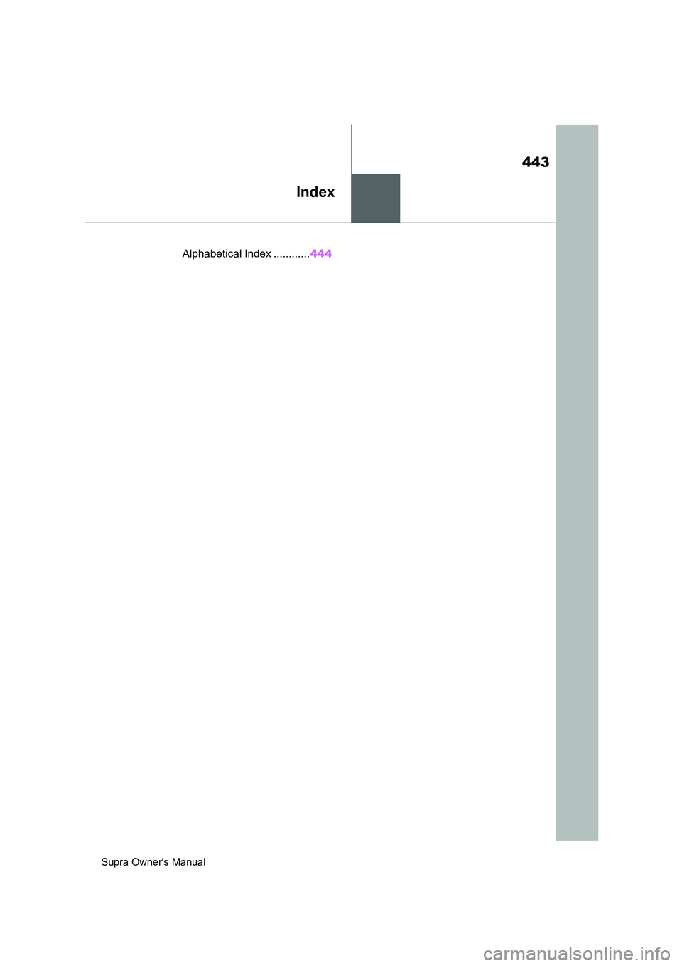 TOYOTA SUPRA 2019  Owners Manual 443
Supra Owners Manual
Index
.Alphabetical Index ............444 