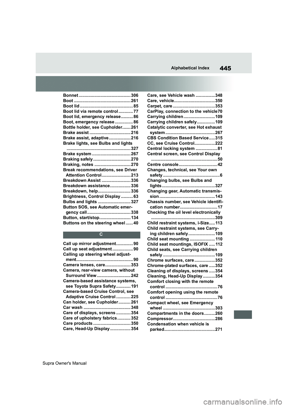 TOYOTA SUPRA 2019  Owners Manual 445
Supra Owners ManualAlphabetical Index
Bonnet ........................................... 306
Boot ............................................... 261
Boot lid ....................................