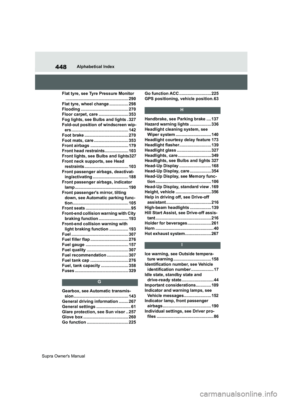 TOYOTA SUPRA 2019  Owners Manual 448
Supra Owners ManualAlphabetical Index
Flat tyre, see Tyre Pressure Monitor
..................................................... 290
Flat tyre, wheel change ................ 298
Flooding ........
