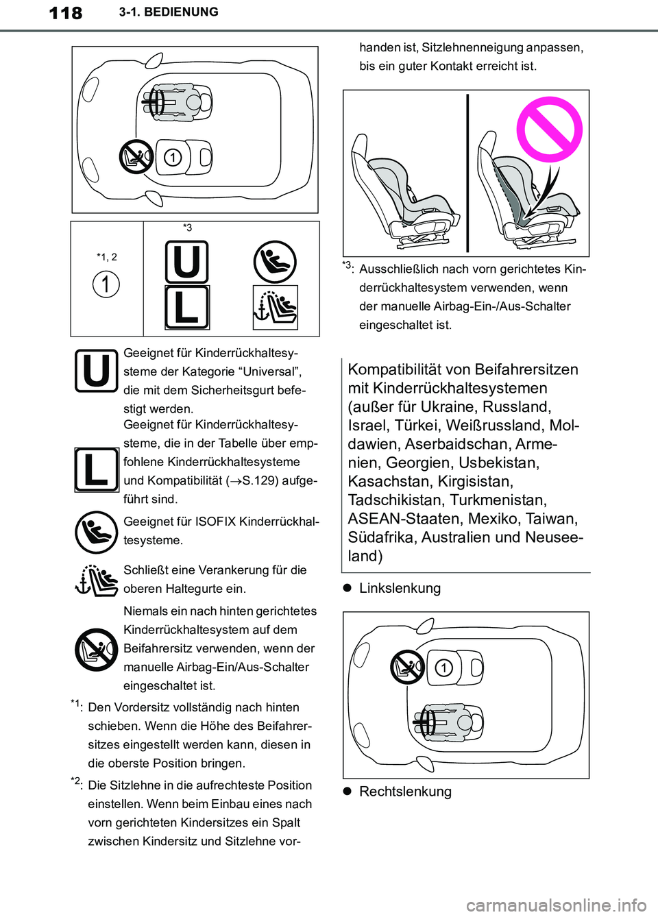 TOYOTA SUPRA 2019  Betriebsanleitungen (in German) 118
Supra Owner’s Manual_EM
3-1. BEDIENUNG
*1: Den Vordersitz vollständig nach hinten 
schieben. Wenn die Höhe des Beifahrer-
sitzes eingestellt werden kann, diesen in 
die oberste Position bringe