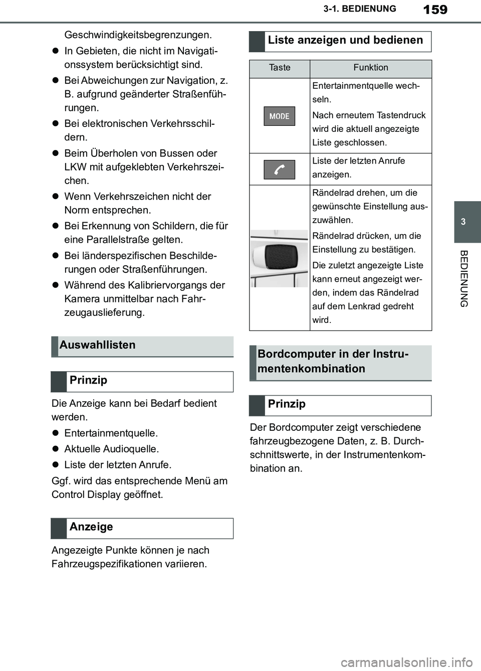 TOYOTA SUPRA 2019  Betriebsanleitungen (in German) 159
3
Supra Owner’s Manual_EM
3-1. BEDIENUNG
BEDIENUNG
Geschwindigkeitsbegrenzungen.
In Gebieten, die nicht im Navigati-
onssystem berücksichtigt sind.
Bei Abweichungen zur Navigation, z. 
B.