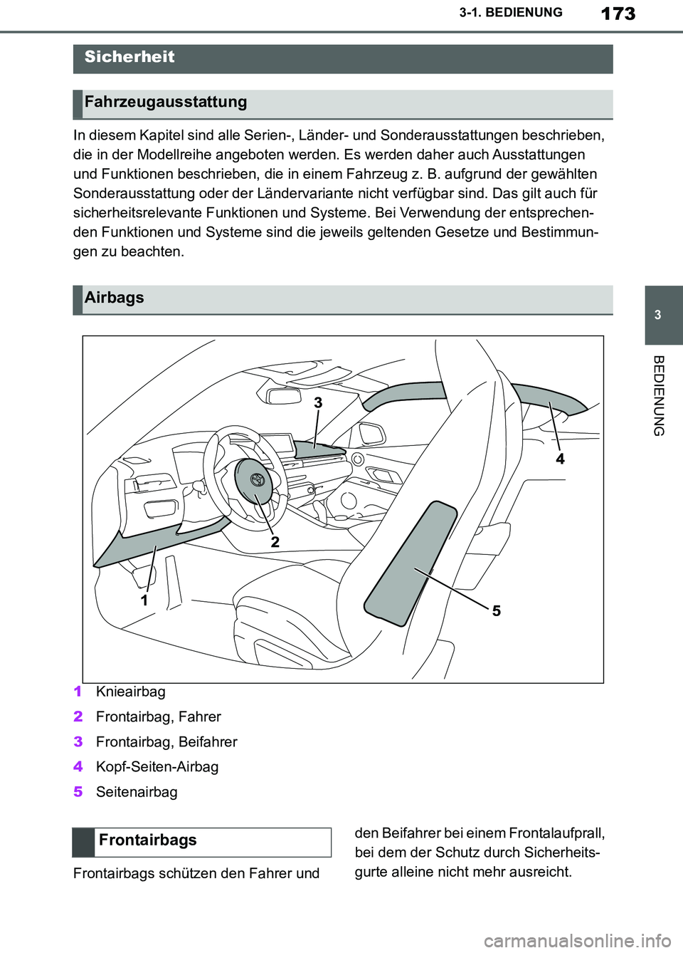 TOYOTA SUPRA 2019  Betriebsanleitungen (in German) 173
3
Supra Owner’s Manual_EM
3-1. BEDIENUNG
BEDIENUNG
In diesem Kapitel sind alle Serien-, Länder- und Sonderausstattungen beschrieben, 
die in der Modellreihe angeboten werden. Es werden daher au