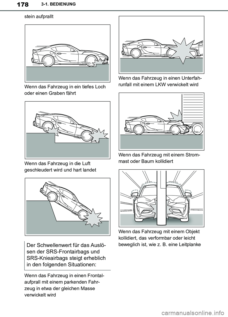 TOYOTA SUPRA 2019  Betriebsanleitungen (in German) 178
Supra Owner’s Manual_EM
3-1. BEDIENUNG
stein aufprallt
Wenn das Fahrzeug in ein tiefes Loch 
oder einen Graben fährt
Wenn das Fahrzeug in die Luft 
geschleudert wird und hart landet
Wenn das Fa