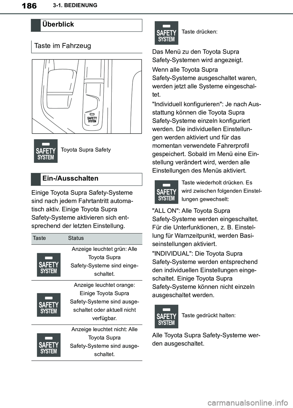 TOYOTA SUPRA 2019  Betriebsanleitungen (in German) 186
Supra Owner’s Manual_EM
3-1. BEDIENUNG
Einige Toyota Supra Safety-Systeme 
sind nach jedem Fahrtantritt automa-
tisch aktiv. Einige Toyota Supra 
Safety-Systeme aktivieren sich ent-
sprechend de