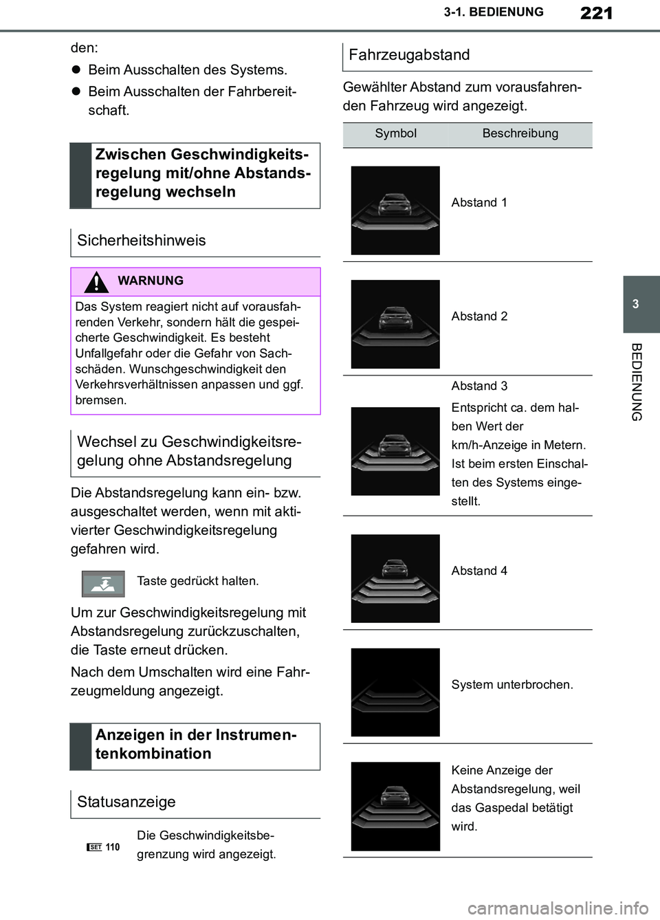 TOYOTA SUPRA 2019 Betriebsanleitungen (in German) 221
3
Supra Owner’s Manual_EM
3-1. BEDIENUNG
BEDIENUNG
den:
Beim Ausschalten des Systems.
Beim Ausschalten der Fahrbereit-
schaft.
Die Abstandsregelung kann ein- bzw.
ausgeschaltet werden, we TOYOTA SUPRA 2019 Betriebsanleitungen (in German) 221
3
Supra Owner’s Manual_EM
3-1. BEDIENUNG
BEDIENUNG
den:
Beim Ausschalten des Systems.
Beim Ausschalten der Fahrbereit-
schaft.
Die Abstandsregelung kann ein- bzw.
ausgeschaltet werden, we