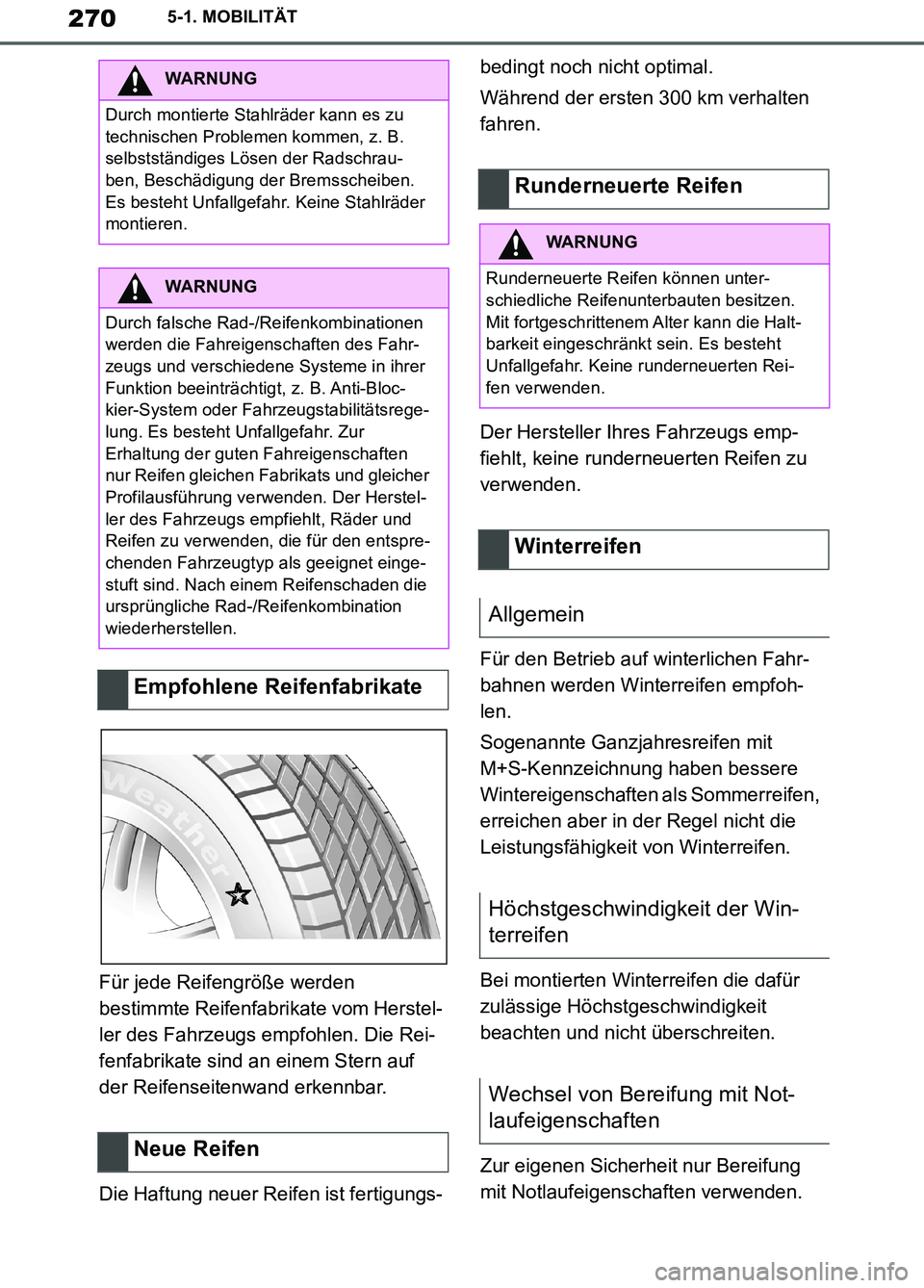TOYOTA SUPRA 2019 Betriebsanleitungen (in German) 270
Supra Owner’s Manual_EM
5-1. MOBILITÄT
Für jede Reifengröße werden
bestimmte Reifenfabrikate vom Herstel-
ler des Fahrzeugs empfohlen. Die Rei-
fenfabrikate sind an einem Stern auf
der Rei TOYOTA SUPRA 2019 Betriebsanleitungen (in German) 270
Supra Owner’s Manual_EM
5-1. MOBILITÄT
Für jede Reifengröße werden
bestimmte Reifenfabrikate vom Herstel-
ler des Fahrzeugs empfohlen. Die Rei-
fenfabrikate sind an einem Stern auf
der Rei