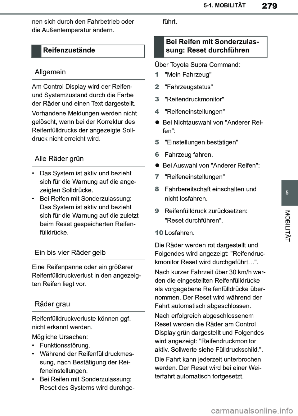 TOYOTA SUPRA 2019 Betriebsanleitungen (in German) 279
5
Supra Owner’s Manual_EM
5-1. MOBILITÄT
MOBILITÄT
nen sich durch den Fahrbetrieb oder
die Außentemperatur ändern.
Am Control Display wird der Reifen-
und Systemzustand durch die Farbe
d TOYOTA SUPRA 2019 Betriebsanleitungen (in German) 279
5
Supra Owner’s Manual_EM
5-1. MOBILITÄT
MOBILITÄT
nen sich durch den Fahrbetrieb oder
die Außentemperatur ändern.
Am Control Display wird der Reifen-
und Systemzustand durch die Farbe
d