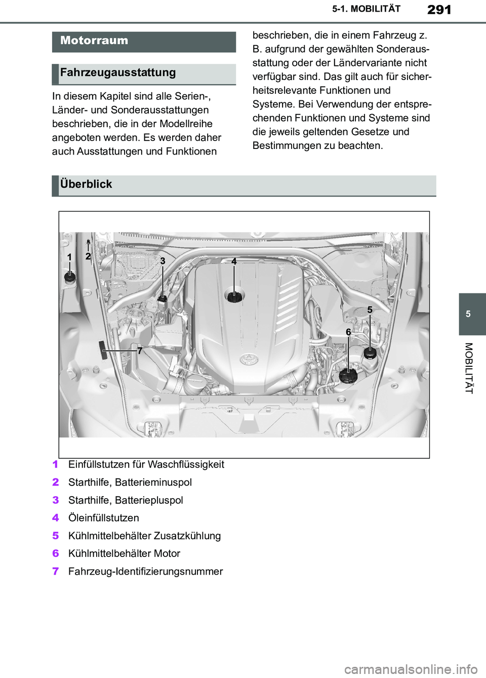 TOYOTA SUPRA 2019  Betriebsanleitungen (in German) 291
5
Supra Owner’s Manual_EM
5-1. MOBILITÄT
MOBILITÄT
In diesem Kapitel sind alle Serien-, 
Länder- und Sonderausstattungen 
beschrieben, die in der Modellreihe 
angeboten werden. Es werden dahe