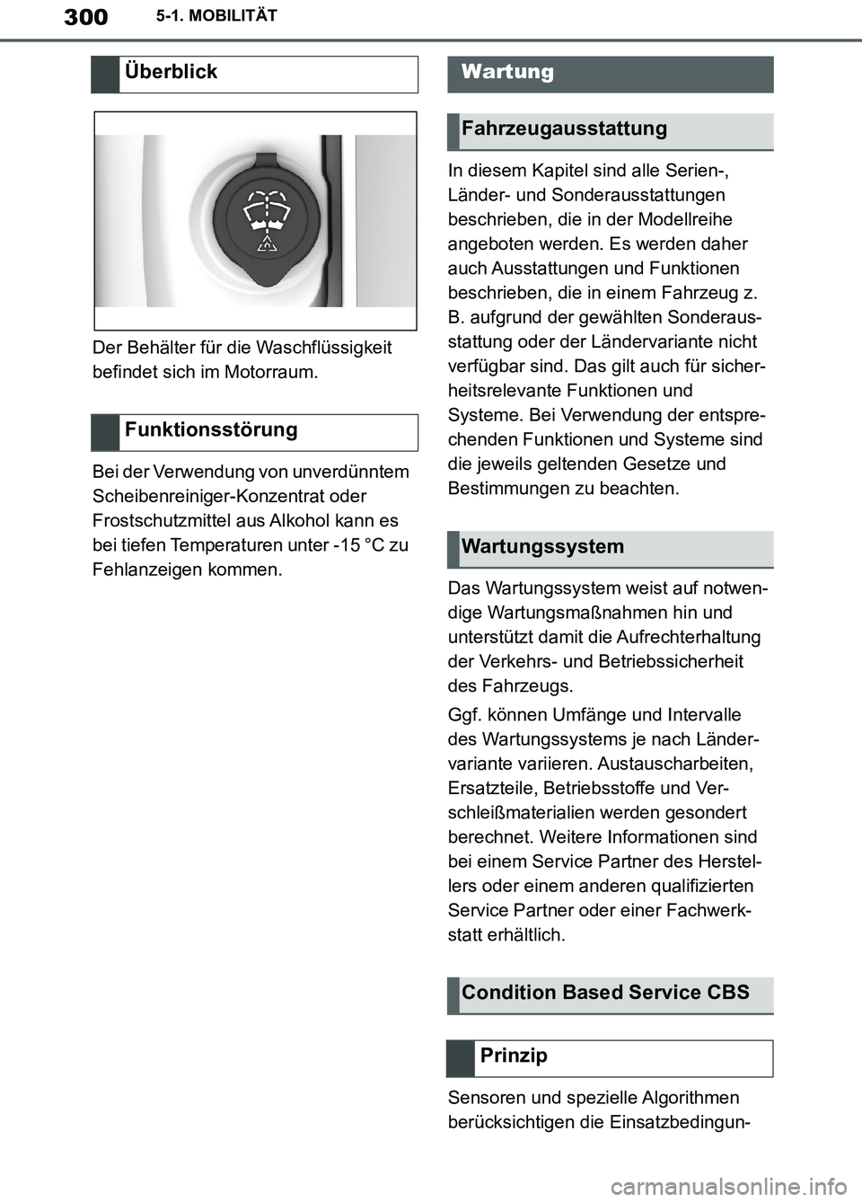 TOYOTA SUPRA 2019  Betriebsanleitungen (in German) 300
Supra Owner’s Manual_EM
5-1. MOBILITÄT
Der Behälter für die Waschflüssigkeit 
befindet sich im Motorraum.
Bei der Verwendung von unverdünntem 
Scheibenreiniger-Konzentrat oder 
Frostschutzm