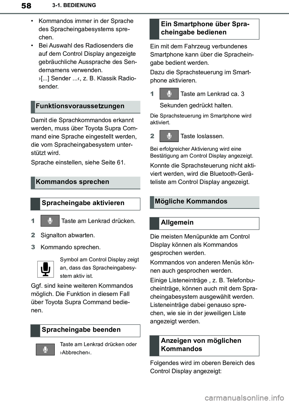TOYOTA SUPRA 2019  Betriebsanleitungen (in German) 58
Supra Owner’s Manual_EM
3-1. BEDIENUNG
• Kommandos immer in der Sprache 
des Spracheingabesystems spre-
chen.
• Bei Auswahl des Radiosenders die 
auf dem Control Display angezeigte 
gebräuch