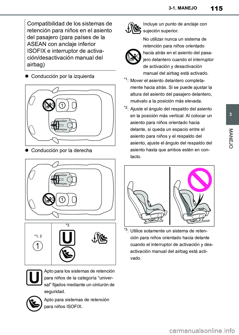 TOYOTA SUPRA 2019 Manuale de Empleo (in Spanish) 115
3
Supra Owners Manual_ES
3-1. MANEJO
MANEJO
Conducción por la izquierda
Conducción por la derecha*1: Mover el asiento delantero completa-
mente hacia atrás. Si se puede ajustar la
altur TOYOTA SUPRA 2019 Manuale de Empleo (in Spanish) 115
3
Supra Owners Manual_ES
3-1. MANEJO
MANEJO
Conducción por la izquierda
Conducción por la derecha*1: Mover el asiento delantero completa-
mente hacia atrás. Si se puede ajustar la
altur