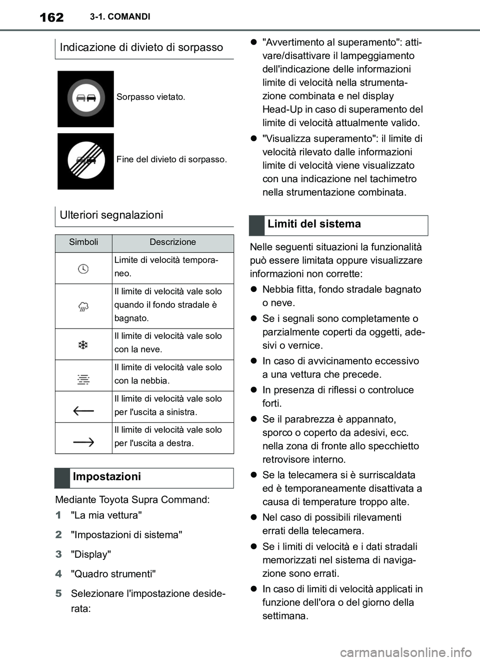 TOYOTA SUPRA 2019 Manuale duso (in Italian) 162
Supra Owners Manual_EL
3-1. COMANDI
Mediante Toyota Supra Command:
1"La mia vettura"
2"Impostazioni di sistema"
3"Display"
4"Quadro strumenti"
5Selezionare limpostazione deside-
rata:"Avverti TOYOTA SUPRA 2019 Manuale duso (in Italian) 162
Supra Owners Manual_EL
3-1. COMANDI
Mediante Toyota Supra Command:
1"La mia vettura"
2"Impostazioni di sistema"
3"Display"
4"Quadro strumenti"
5Selezionare limpostazione deside-
rata:"Avverti