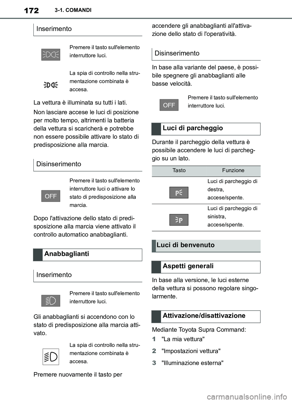 TOYOTA SUPRA 2019 Manuale duso (in Italian) 172
Supra Owners Manual_EL
3-1. COMANDI
La vettura è illuminata su tutti i lati.
Non lasciare accese le luci di posizione
per molto tempo, altrimenti la batteria
della vettura si scaricherà e pot TOYOTA SUPRA 2019 Manuale duso (in Italian) 172
Supra Owners Manual_EL
3-1. COMANDI
La vettura è illuminata su tutti i lati.
Non lasciare accese le luci di posizione
per molto tempo, altrimenti la batteria
della vettura si scaricherà e pot