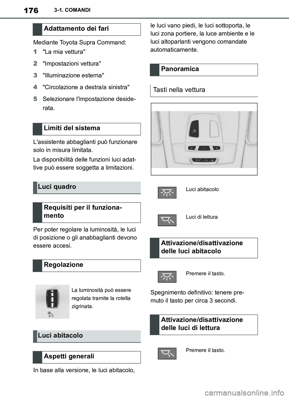 TOYOTA SUPRA 2019 Manuale duso (in Italian) 176
Supra Owners Manual_EL
3-1. COMANDI
Mediante Toyota Supra Command:
1"La mia vettura"
2"Impostazioni vettura"
3"Illuminazione esterna"
4"Circolazione a destra/a sinistra"
5Selezionare limpostazio TOYOTA SUPRA 2019 Manuale duso (in Italian) 176
Supra Owners Manual_EL
3-1. COMANDI
Mediante Toyota Supra Command:
1"La mia vettura"
2"Impostazioni vettura"
3"Illuminazione esterna"
4"Circolazione a destra/a sinistra"
5Selezionare limpostazio