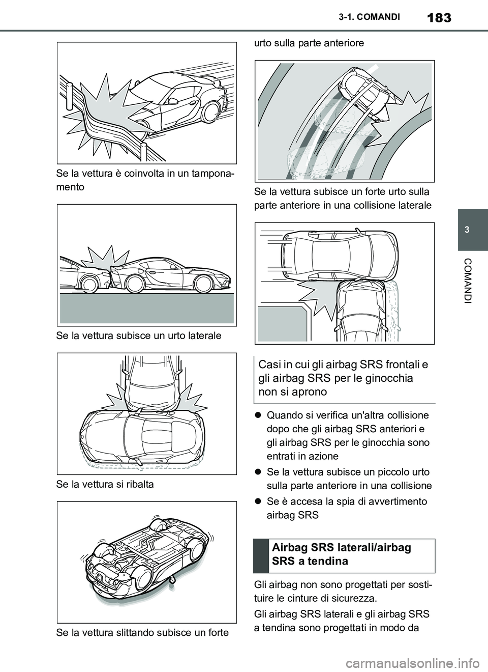 TOYOTA SUPRA 2019  Manuale duso (in Italian) 183
3
Supra Owners Manual_EL
3-1. COMANDI
COMANDI
Se la vettura è coinvolta in un tampona-
mento
Se la vettura subisce un urto laterale
Se la vettura si ribalta
Se la vettura slittando subisce un fo