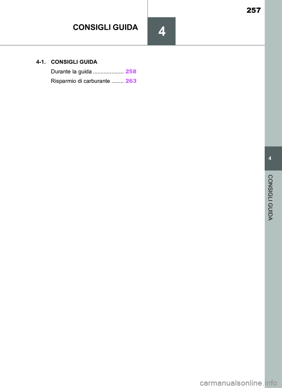 TOYOTA SUPRA 2019  Manuale duso (in Italian) 4
257
Supra Owners Manual_EL
4
CONSIGLI GUIDA
CONSIGLI GUIDA
.4-1. CONSIGLI GUIDA
Durante la guida ....................258
Risparmio di carburante ........263
Supra_OM_Italian_OM99T09L.book  257 ペ