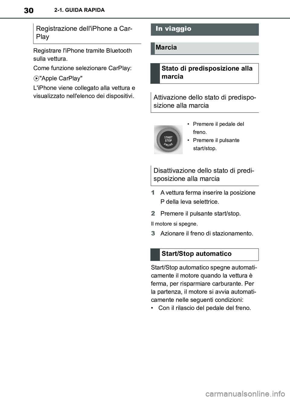 TOYOTA SUPRA 2019  Manuale duso (in Italian) 30
Supra Owners Manual_EL
2-1. GUIDA RAPIDA
Registrare liPhone tramite Bluetooth 
sulla vettura.
Come funzione selezionare CarPlay:
"Apple CarPlay"
LiPhone viene collegato alla vettura e 
visualizz