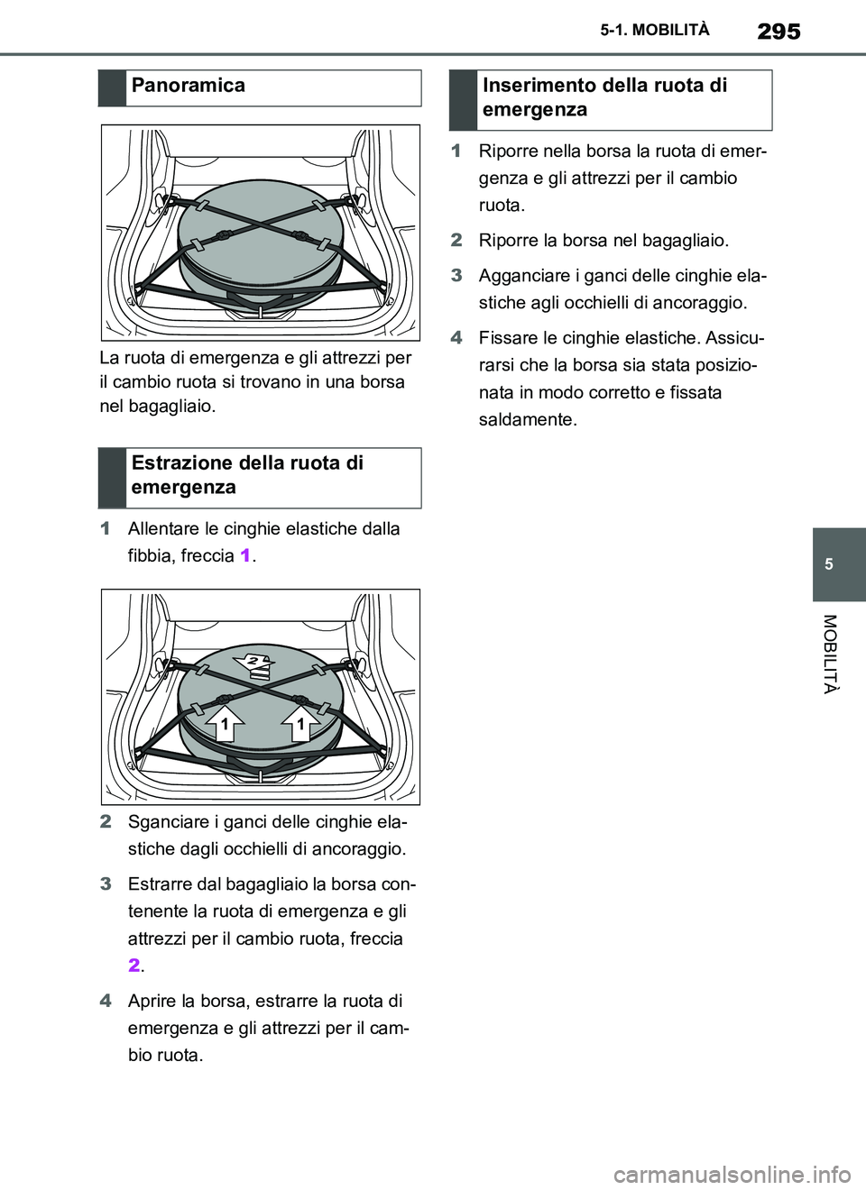 TOYOTA SUPRA 2019  Manuale duso (in Italian) 295
5
Supra Owners Manual_EL
5-1. MOBILITÀ
MOBILITÀ
La ruota di emergenza e gli attrezzi per 
il cambio ruota si trovano in una borsa 
nel bagagliaio.
1Allentare le cinghie elastiche dalla 
fibbia,