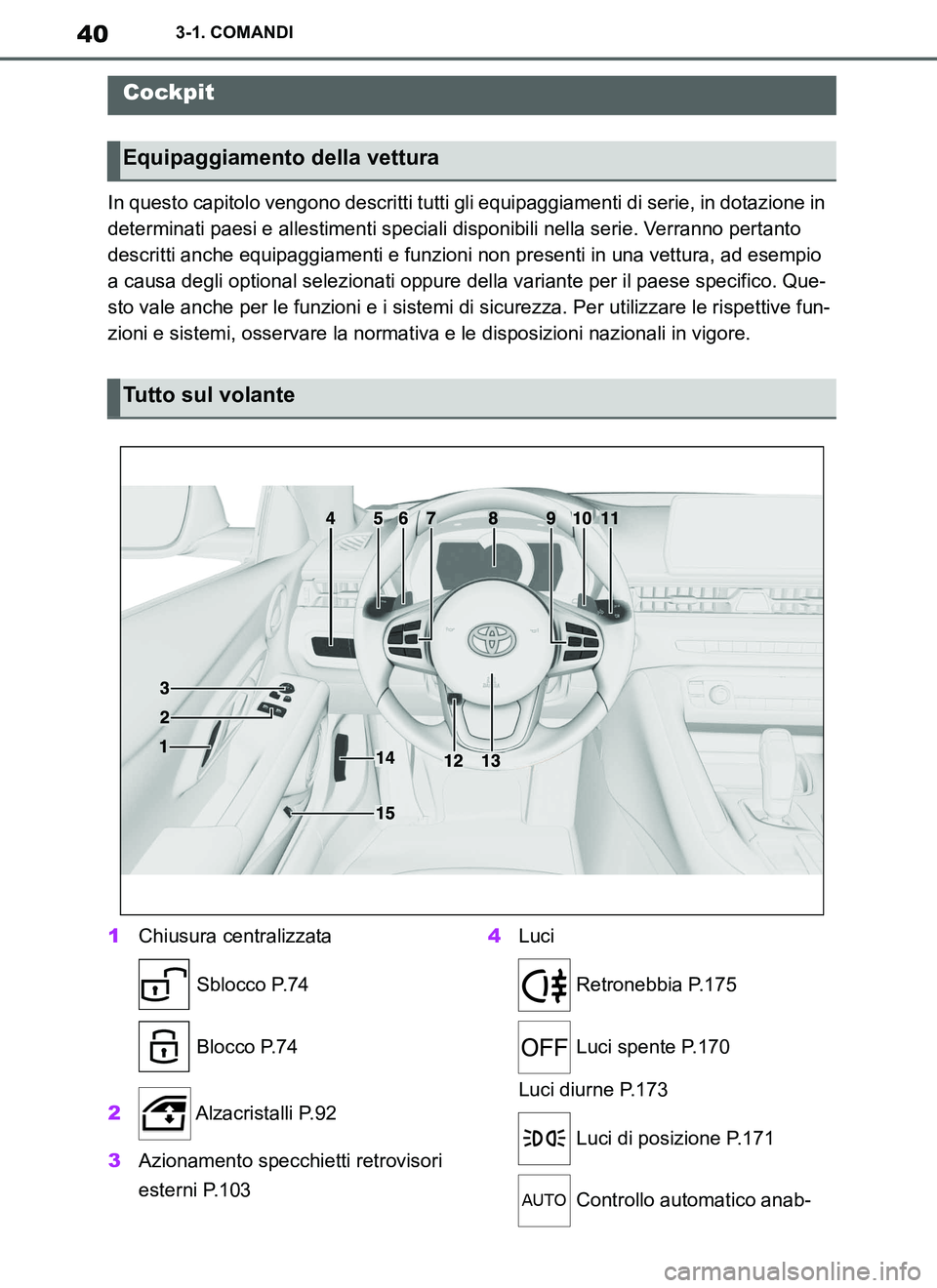 TOYOTA SUPRA 2019  Manuale duso (in Italian) 40
Supra Owners Manual_EL
3-1. COMANDI
3-1.COMANDI
In questo capitolo vengono descritti tutti gli equipaggiamenti di serie, in dotazione in 
determinati paesi e allestimenti speciali disponibili nell